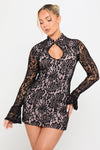 Black Keyhole Cut Out Floral Lace Mini Dress