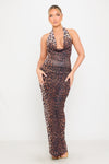 Leopard Print Cowl Neck Open Back Maxi Dress