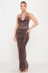 Leopard Print Cowl Neck Open Back Maxi Dress