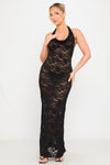 Black Sheer Lace Cowl Neck Backless Maxi Dress
