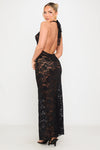 Black Sheer Lace Cowl Neck Backless Maxi Dress