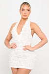 White Shaggy Sheer Plunge Halter Neck Mini Dress