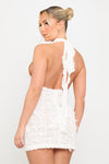White Shaggy Sheer Plunge Halter Neck Mini Dress