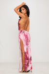 Pink Beaded Floral Print Backless Chiffon Maxi Dress