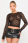 Black Sheer Floral Lace Long Sleeve Top