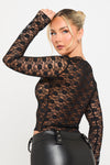 Black Sheer Floral Lace Long Sleeve Top