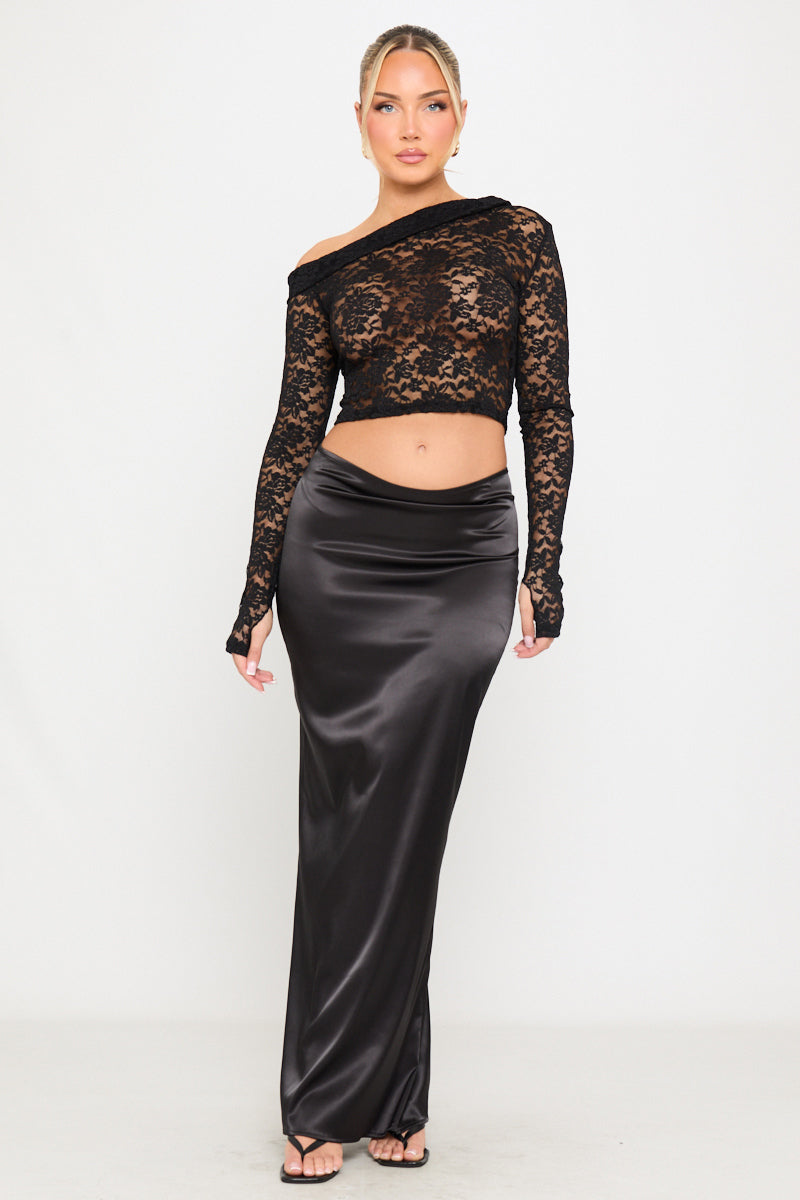 Black Sheer Floral Lace One Shoulder Long Sleeve Top