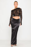 Black Sheer Floral Lace One Shoulder Long Sleeve Top