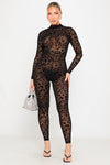 Black Leopard Embossed High Neck Sheer Jumpsuit