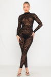 Black Leopard Embossed High Neck Sheer Jumpsuit
