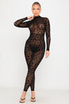 Black Leopard Embossed High Neck Sheer Jumpsuit