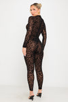 Black Leopard Embossed High Neck Sheer Jumpsuit