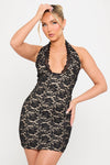 Black Lace Halter Neck Plunge Mini Dress