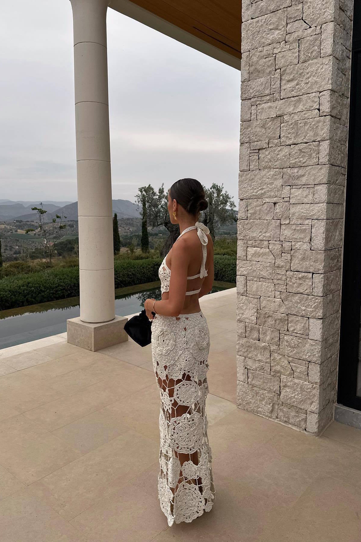 White Crochet Halter Neck Cut Out Maxi Dress