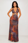 Brown Printed Flower Trim Backless Maxi Dress