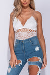 White Lace Trim Sheer Panel Plunge Bodysuit