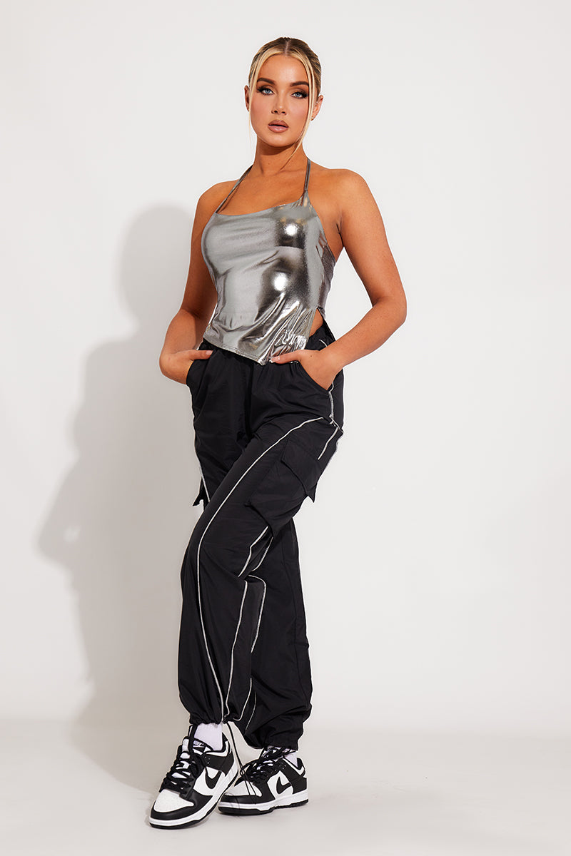 Black Contrast Seam Parachute Cargo Pants