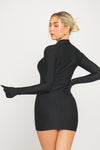 Black High Neck Long Sleeve Mini Dress With Gloves