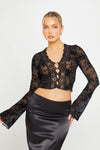 Black Sheer Floral Plunge Flared Sleeve Top