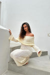 Ivory Knit Off Shoulder Boucle Maxi Dress