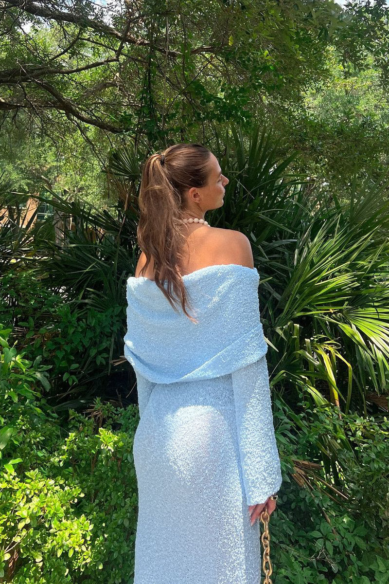 Light Blue Knit Off Shoulder Boucle Maxi Dress
