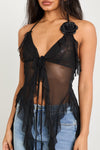 Black Sheer Mesh Plunge Halter Neck Ruffle Top