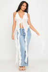 White Sheer Mesh Plunge Halter Neck Ruffle Top