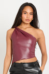 Wine Faux Leather Twist One Shoulder Top