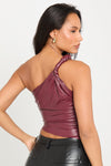 Wine Faux Leather Twist One Shoulder Top