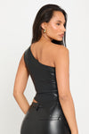 Black Faux Leather Sleeveless One Shoulder Top