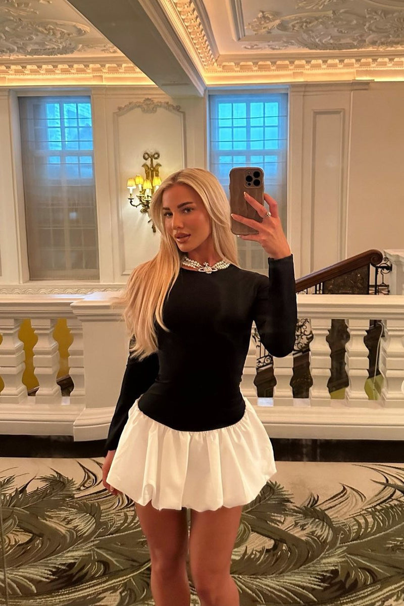 Black Contrast Long Sleeve Bubble Hem Mini Dress