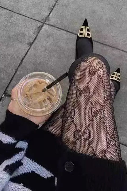 Black Logo Detail Fishnet Tights