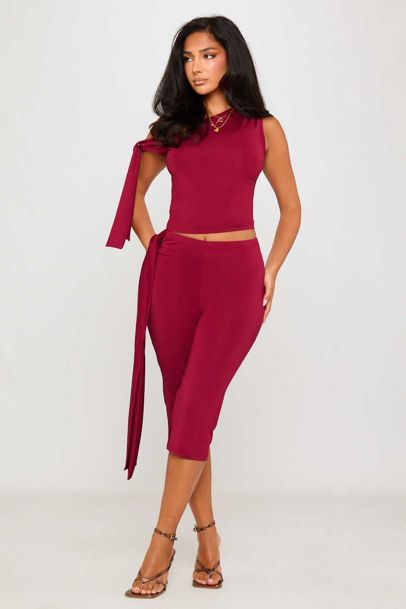Burgundy One Shoulder Knot Detail Top & Capri Pants Co-Ord