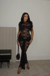 Black Sheer Lace Tie Front Maxi Dress