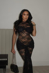 Black Sheer Lace Tie Front Maxi Dress