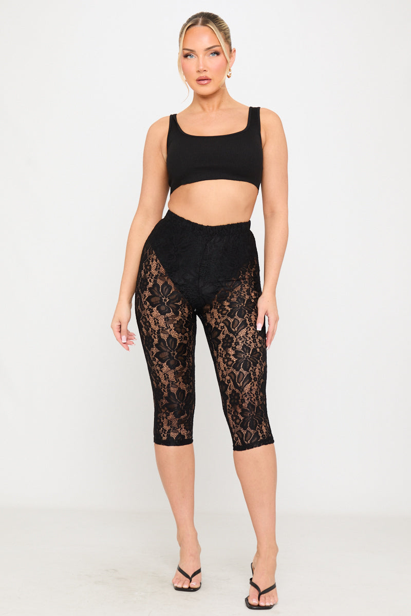 Black Sheer Floral Lace Capri Pants