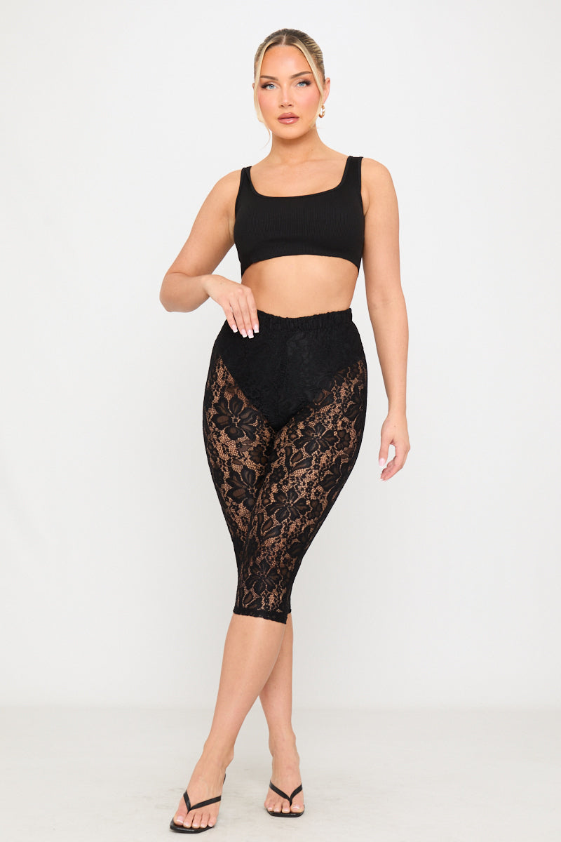 Black Sheer Floral Lace Capri Pants