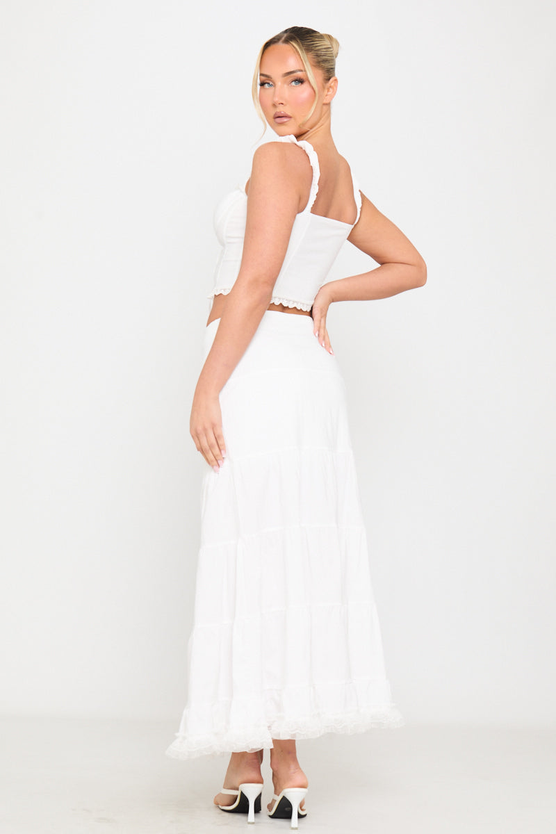 White Square Neck Lace Trim Tie Front Corset Top