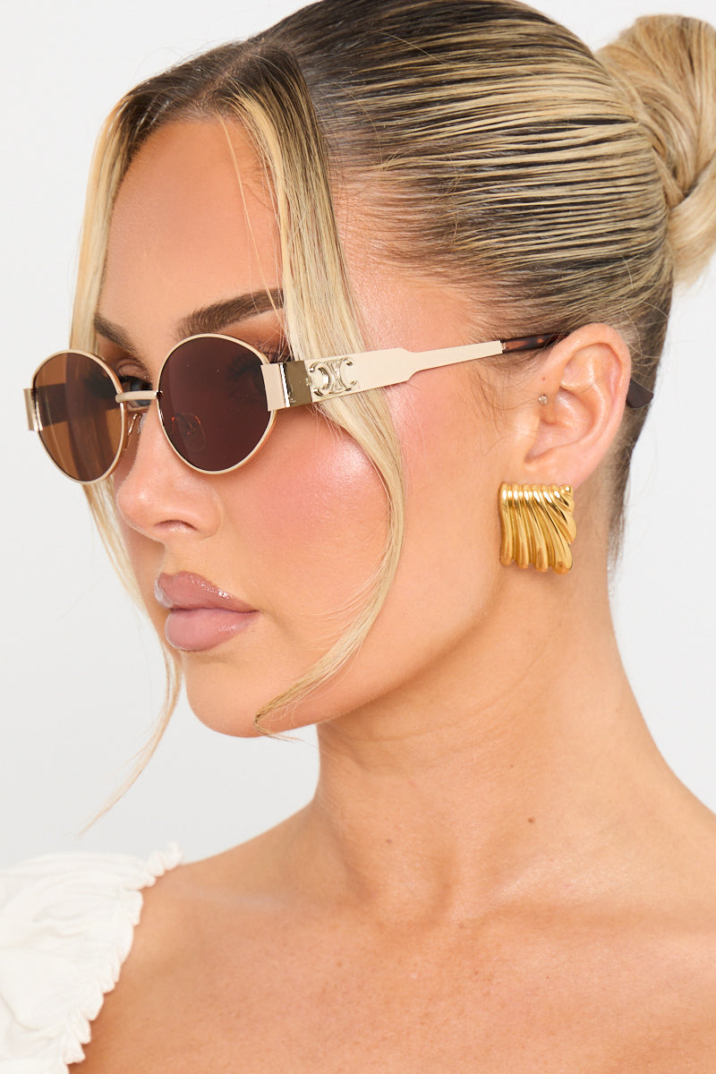 Gold Brown Metal Oval Frame Sunglasses