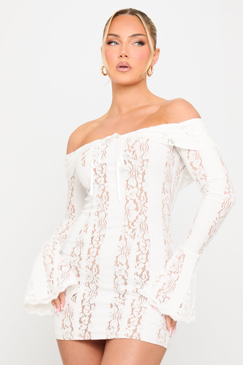 Cream Floral Lace Off Shoulder Mini Dress