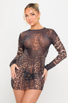 Leopard Print Sheer Long Sleeve Mini Dress