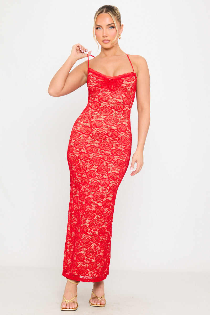 Red Lace Strappy Sweetheart Bodycon Maxi Dress