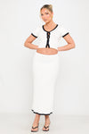 White Contrast Rib Knit Top & Midi Skirt Co-Ord