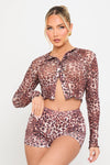 Leopard Print Semi Sheer Button Front Top & Shorts Co-Ord