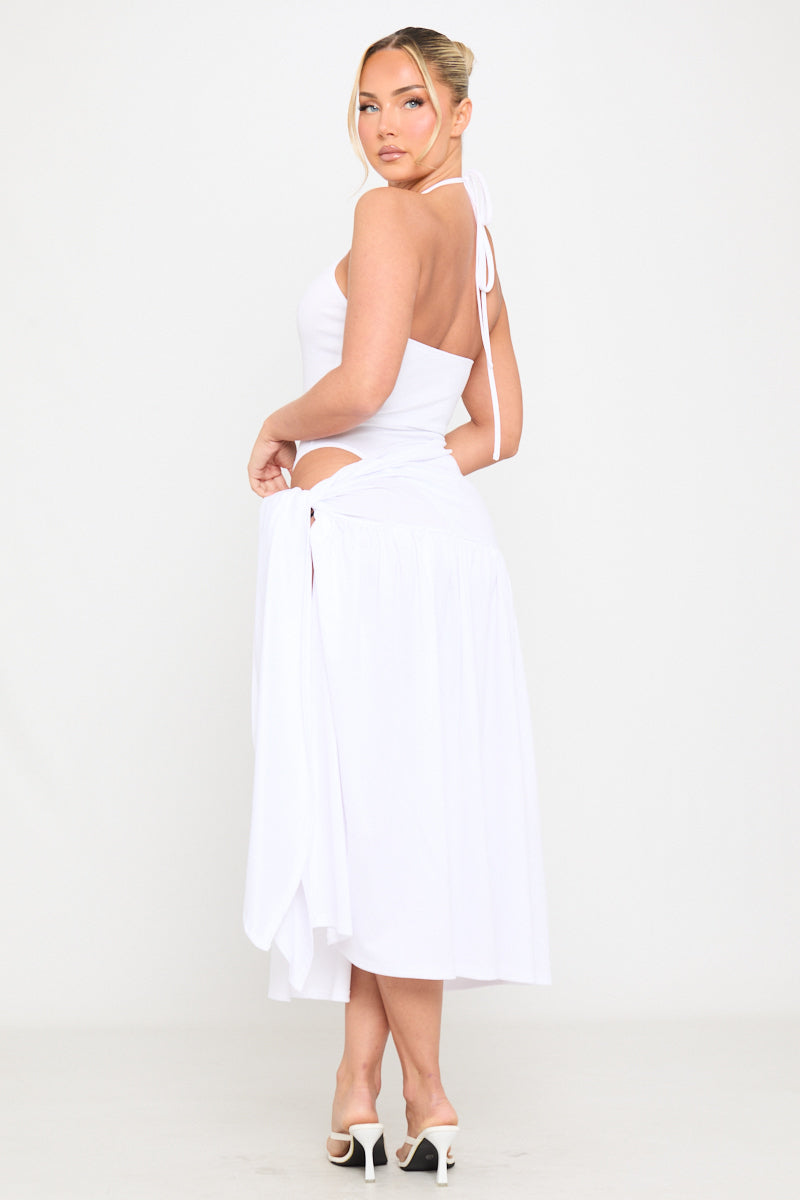 White Halter Plunge Bodysuit & Tie Maxi Skirt Co-Ord