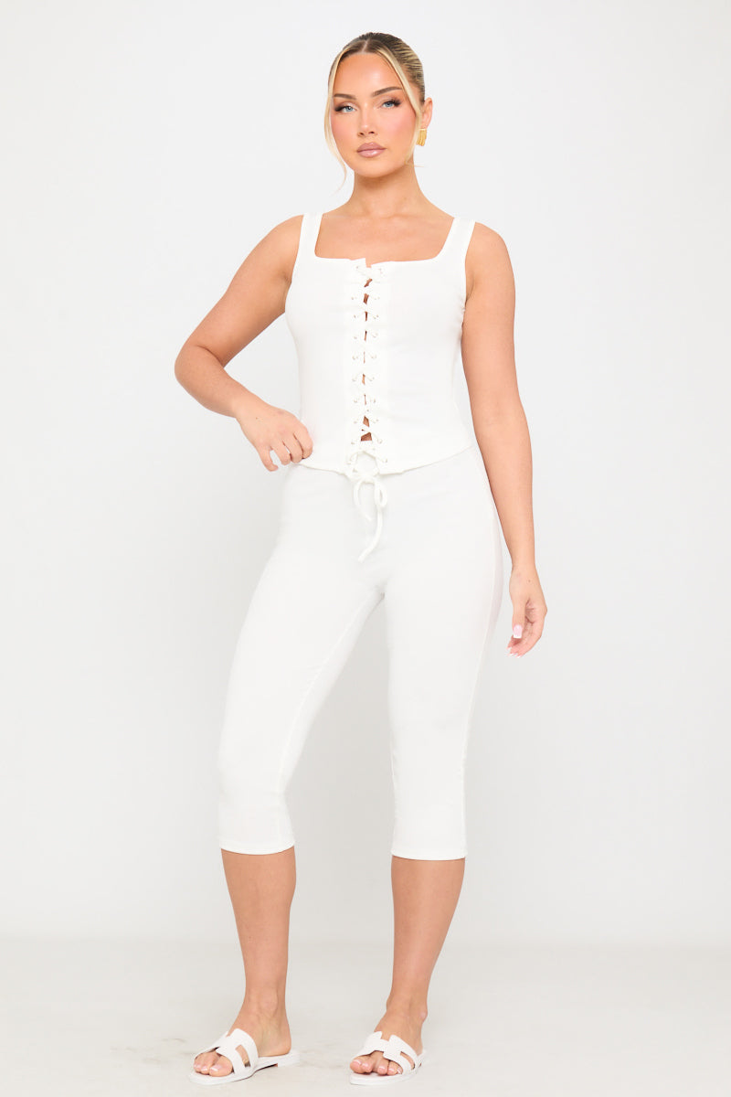 White Corset Tie Front Top & Capri Pants Co-Ord