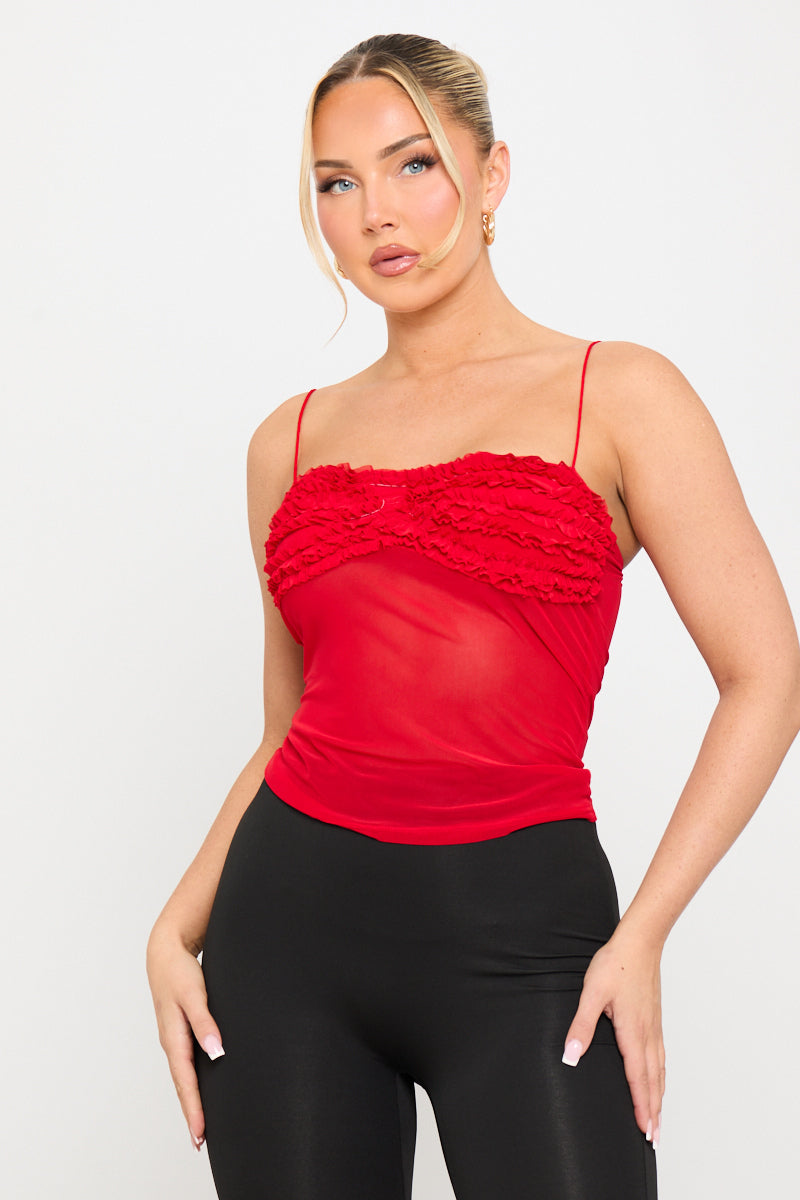 Red Mesh Strappy Ruffle Camisole Top
