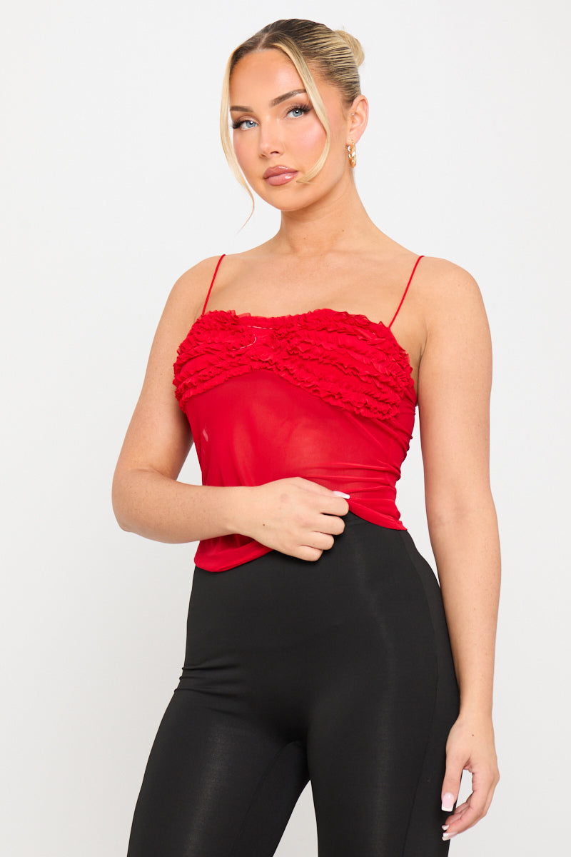 Red Mesh Strappy Ruffle Camisole Top