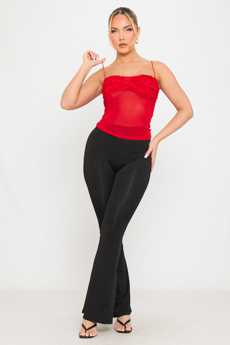 Red Mesh Strappy Ruffle Camisole Top