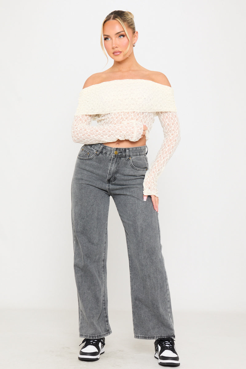 Cream Sheer Lace Off Shoulder Fold Over Top